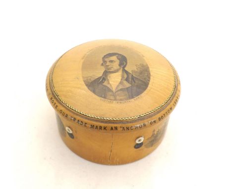 Mauchline ware - Clark & Co. circular thread box, with transfer scenes to the base and a portrait of Robert Burns to the lid,