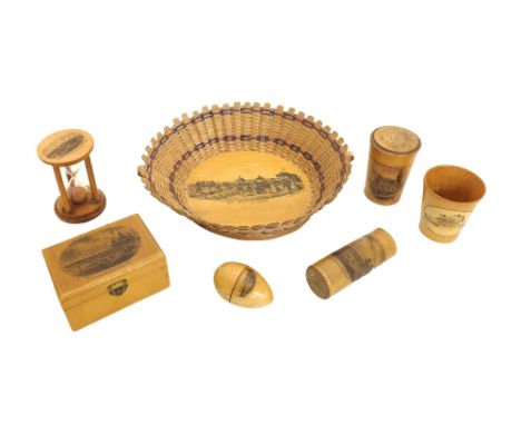 Mauchline ware - basket, egg timer, thimble egg and thimble, mostly decorated with transfers of Bournemouth and Brighton (7)
