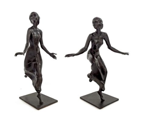 20th Century - pair of bronze characters modelled as dancing ladies, indistinctly signed Osborne?, the largest 17" high (2)