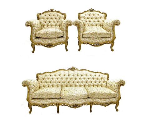 Exquisite and good quality French button-back and giltwood three piece suite in the rococo manner, comprising three seater so