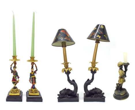 Collection of decorative figural candlesticks to include a pair of cold cast resin candlesticks in the form of serpents with 