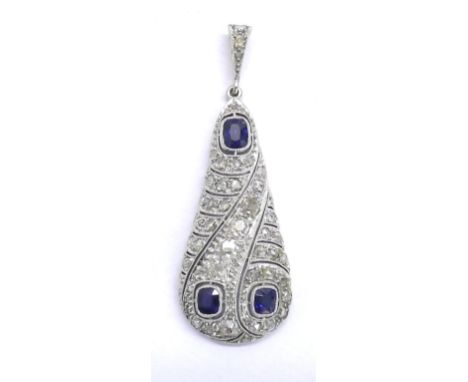 Attractive sapphire and diamond pear shaped pendant, with three blue sapphires in an old-cut diamond surround in white and ye