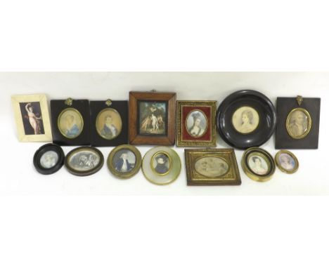 Large collection of miniature works to include watercolour portrait of Viscountess St Gospath, further work on ivory of a sea