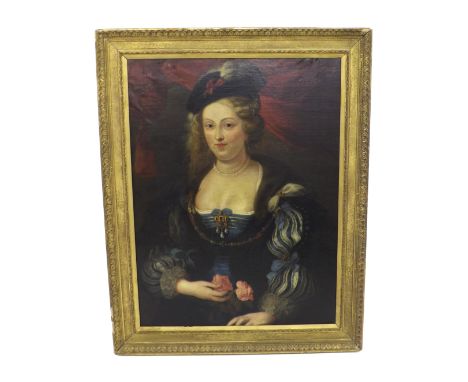 After Sir Peter Paul Rubens (19th century) - Portrait of a fashionable lady, half length wearing a blue dress decorated with 