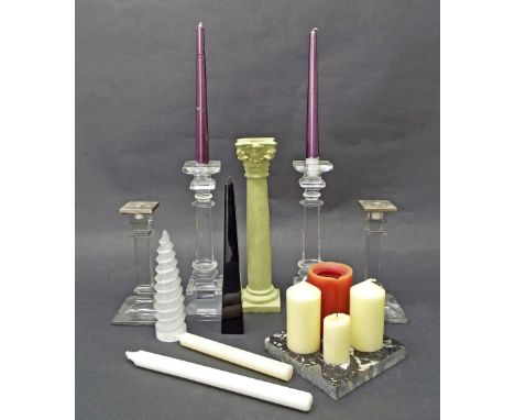 Pair of glass candlesticks with silver rims, 8" high; together with further pair of larger glass candlesticks, jet black obel