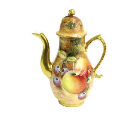 Royal Worcester miniature porcelain coffee pot, painted with grapes and apples, signed, printed black factory mark, 5.5" high