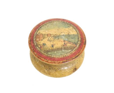 Mauchline ware related - early circular box decorated with a coloured transfer scene to the lid of Brighton, red surround, 2.