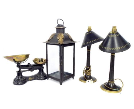 Decorative - to include a cast metal and glass lantern with gilded highlights, 19" high; together with pair of weighing scale
