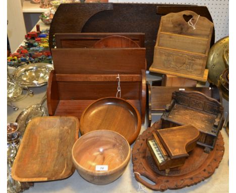 Boxes and Objects - miniature musical piano; a miniature monks bench c.1920; treen bowls; book trough; bed tray; etc 