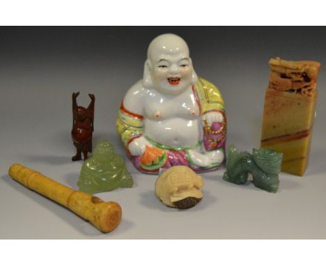 Oriental Objects - a Chinese soapstone seal, pierced carved dragon finial; a jade dragon, another Buddha; a vegetable ivory c