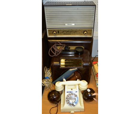 Bakelite Bush DAC 90A radio, circa 1940; a Ferranti U1032 radio; a Bakelite speaker; retro dial call exchange telephone; a pa