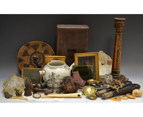 Boxes and Objects - A 19th century ambrotype, gilded frame; others similar; a 19th century carved pipe terminal; 19th century