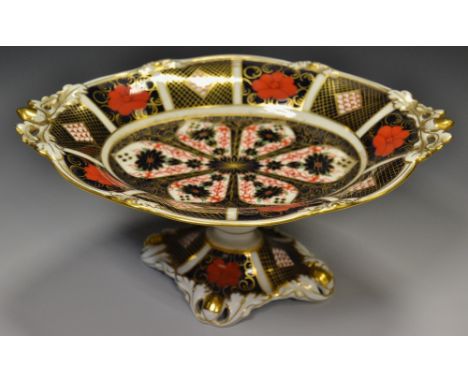 A  Royal Crown Derby 1128 pattern shaped oval pedestal  acorn comport, 26cm wide, printed mark (first quality)