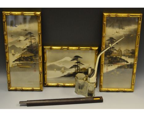 An Oriental opium water pipe; three Oriental gilt painted pictures; a boxed pair of chopsticks (5)