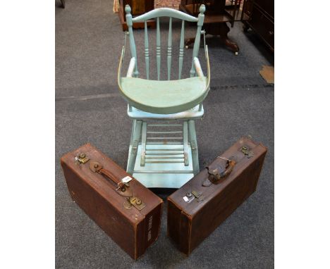 Vintage luggage, two leather suitcases;  a Victorian metamorphic child's high chair/stroller (3)
