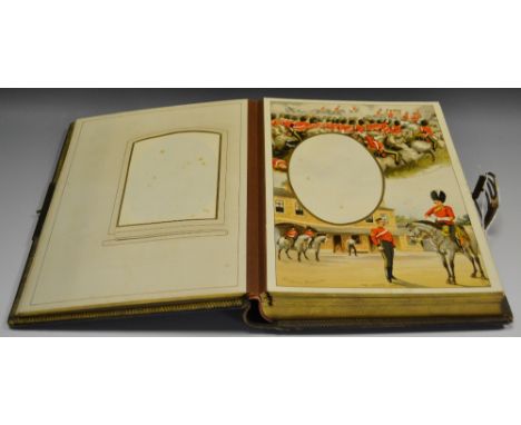 A late 19th century leather musical photograph album, The British Army Album,  the pages with  chromolithographs of  scenes o