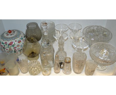 Glassware  including decanters, tumblers, cocktail glasses, bowls, decanter stoppers;  a Chinese  jar and cover, painted in p