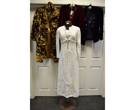 Ladies  Clothing - vintage wedding dress and veil; a red velvet jacket; another, blue;  faux fur coat