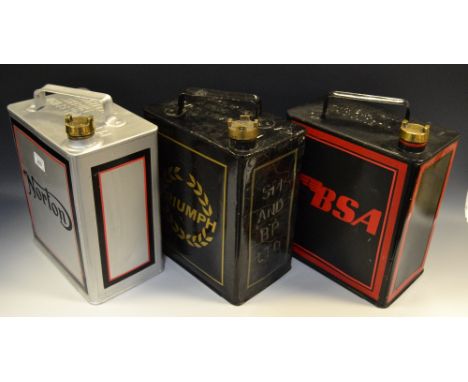 Three vintage petroleum spirit cans - Norton, Triumph, BSA