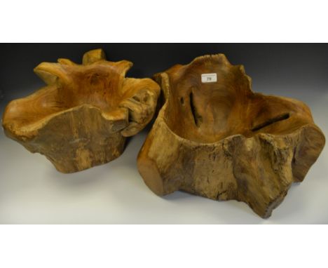 Treen - a substantial softwood bowl, sculpted from the base of a trunk; another similar 