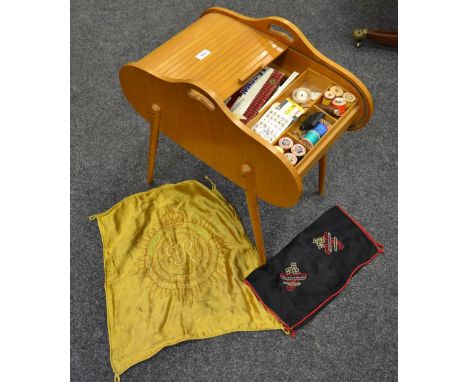Textiles - a Royal Army Service Corps silk embroidered cushion cover, central GR monogram, tones of gold; A mid 20th century 
