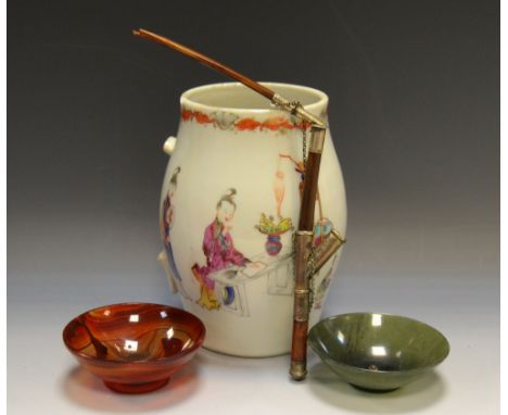 A 19th century Chinese jug, polychrome decoration depicting a nursery scene; a banded agate bowl, another similar; a 19th cen