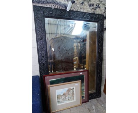 A carved framed wall mirror, and 2 prints
