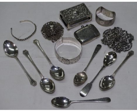 A collection of various silver spoons, a bangle, a vesta etc