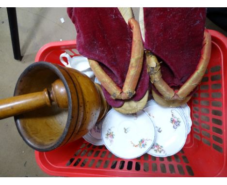 A Victorian porcelain child's tea service, Oriental sandals, a pestle and mortar and a copy plaque