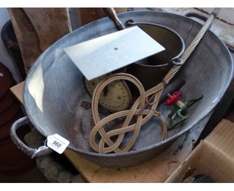 A 2-handled galvanized wash bin, balance scales, an axe etc