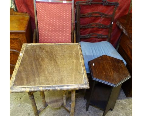 A Georgian ladder-back chair, a folding chair, a bamboo occasional table, and an Arts and Crafts occasional table (4)
