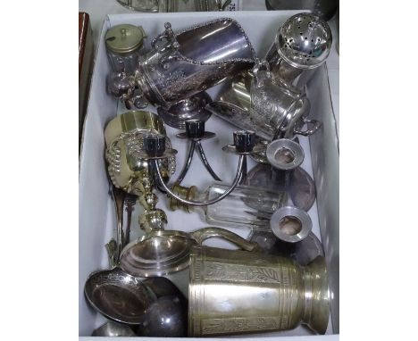 Silver plated sugar baskets, a caster, candlesticks, candelabra etc