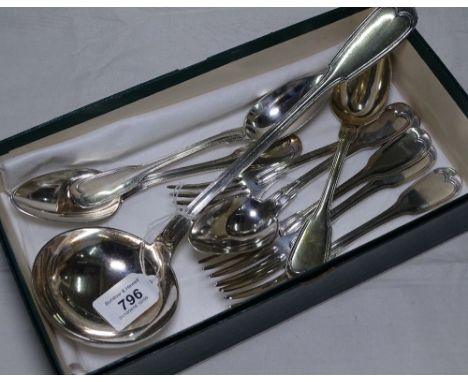 A French silver plated fiddle and thread ladle, 4 tablespoons and forks, 20.5oz weighable, with impressed marks