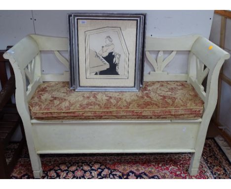 A Continental painted pine bench, with rising seat, L120cm