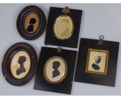 4 framed 19th century silhouettes, and a portrait of a young man