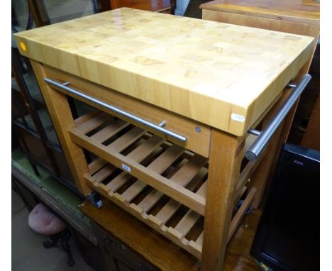 A modern beech kitchen butcher's block, with drawer shelf and bottle rack under, W79cm