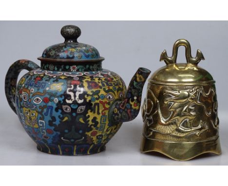 An Oriental cloisonne enamel teapot, length 10", and a Chinese relief cast-bronze bell (2)