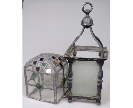 A stained glass lead-light lamp shade, 7", and a metal-framed porch lantern