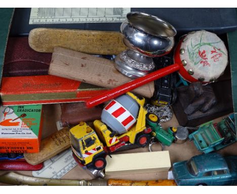 A harmonica, a miniature cricket bat, Vintage toy cars, a whistle etc