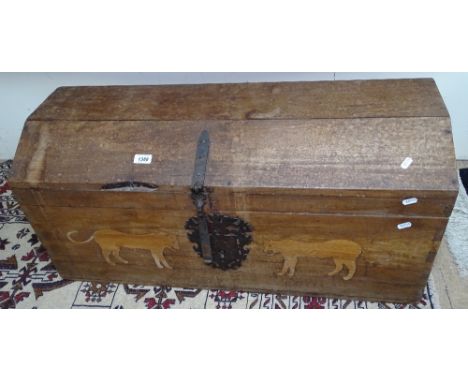 A 19th century teak trunk, with inlaid decoration, L90cm