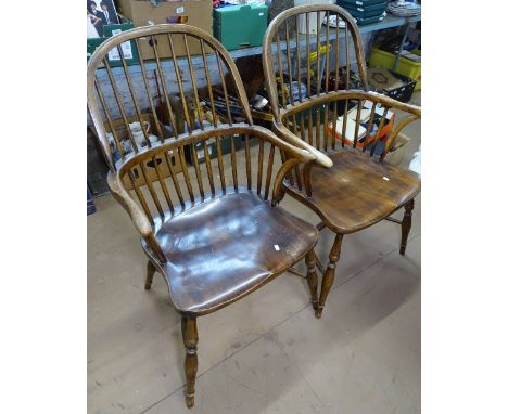 A pair of ash and oak stick-back Windsor elbow chairs, with crinoline stretchers