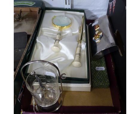 A Russian spirit flask, a magnifying glass, chop sticks etc