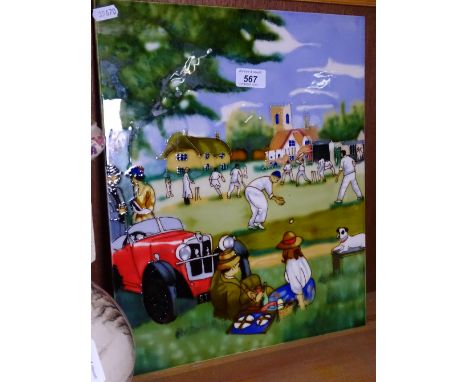 A ceramic plaque depicting a painted cricket match, height 16"