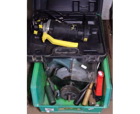 A McKeller plunge router, a bench mounted Wolf polishing and grinding machine etc