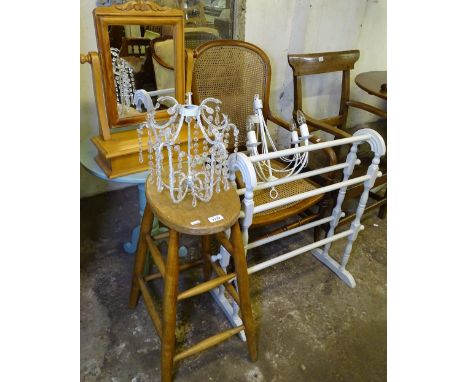 A cane panel open-arm bedroom chair, a chandelier, a painted towel rail, a toilet mirror, a tripod table, a stool etc (7)