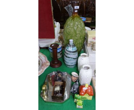 A tall Green Pottery vase, Studio pottery, a miniature flask, a badge etc 