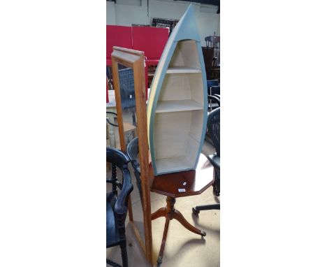 A corner elbow chair, a mirror, an occasional table, and a boat design shelf (4)