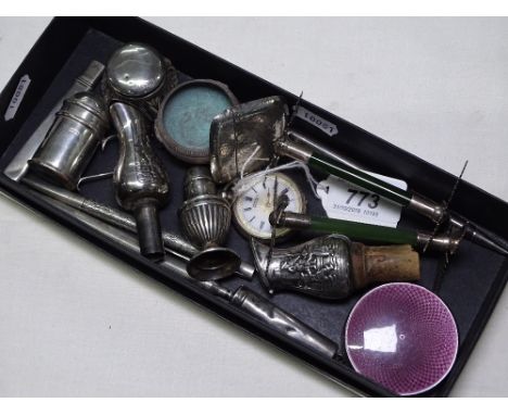 A silver and enamel compact, a silver vesta, silver and jade knife rests, and other silver iteme