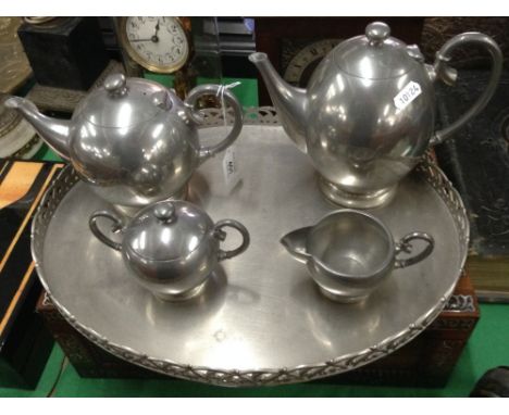 A Dutch Art Deco pewter tea service on tray by Metawa.