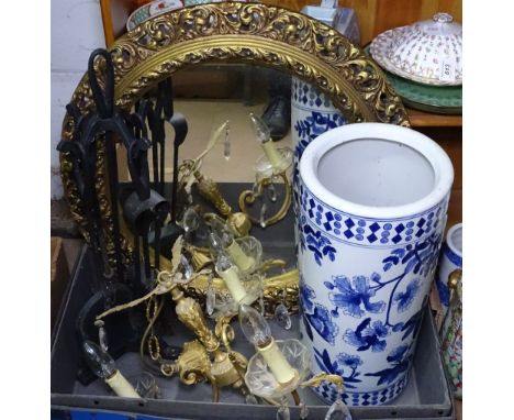 An umbrella stand, gilt-plaster framed wall mirror etc